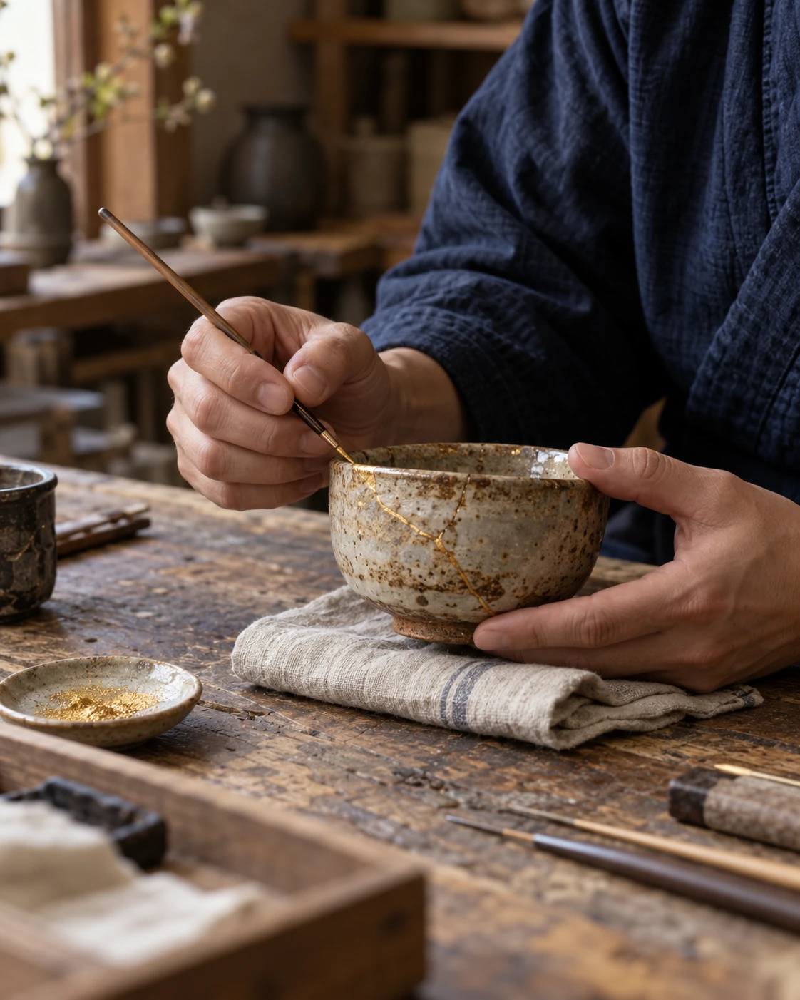 Escena ilustrativa de manos reparando un cuenco mediante kintsugi, creada con IA